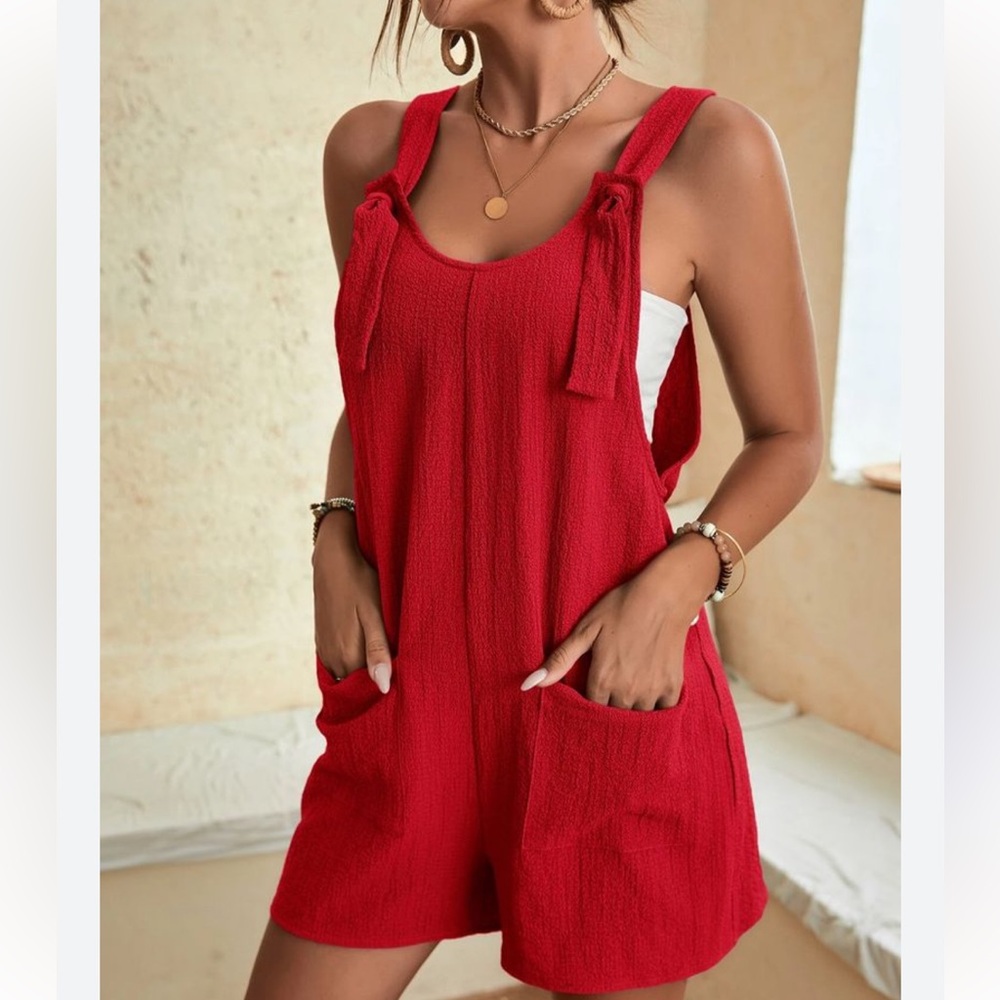 EMORY ROSE BLUE SLEEVELESS KNOT FRONT POCKET PATCHED OVERALL ROMPER SZ MED - Picture 2 of 10